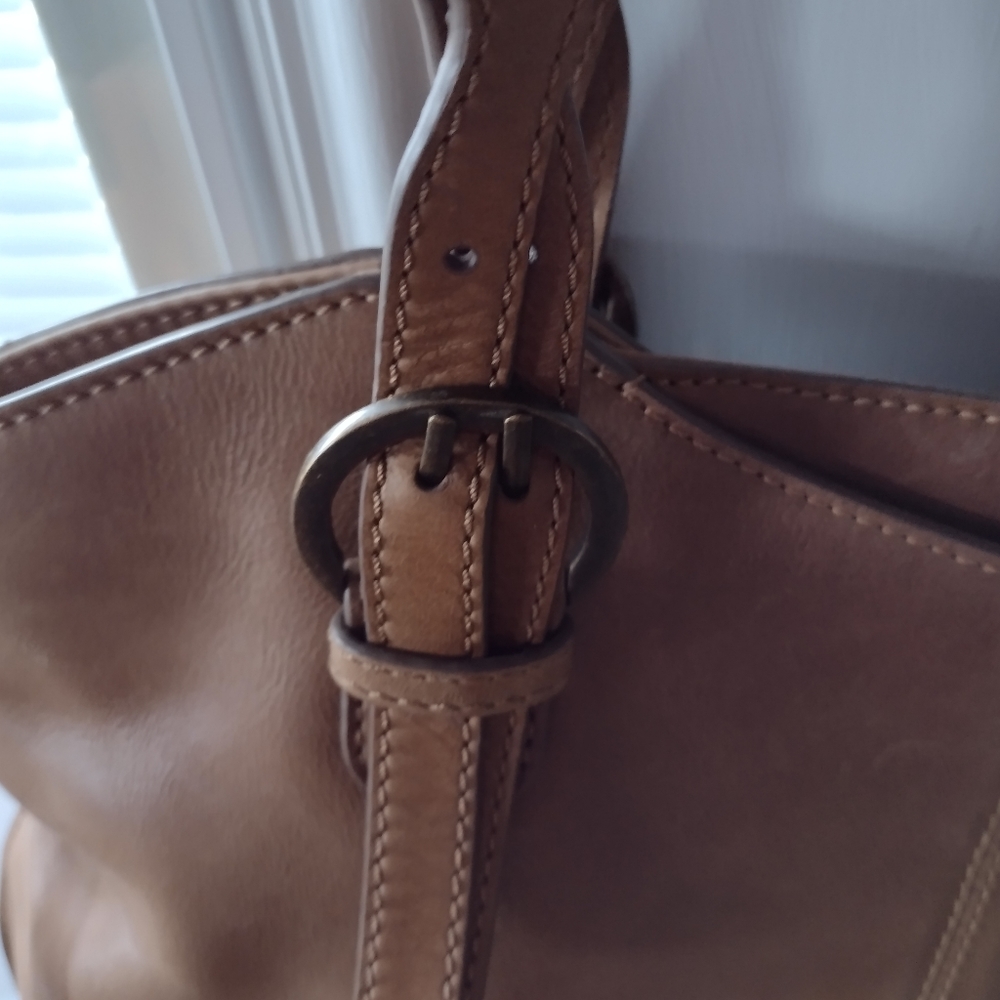 Frye Maddie Shopper Genuine Leather Handbag Tan Caramel Brass Braided Western - Picture 8 of 12